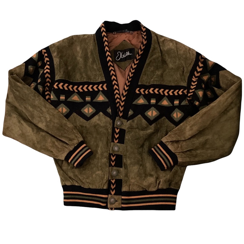 Vintage 1990 J Walden Suede Southwest Print Jacket with Shoulder Pads Med